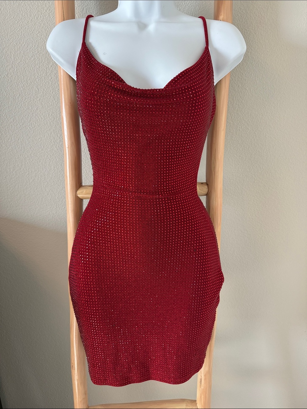 Windsor | Red Rhinestone Cowl Neck Mini Dress